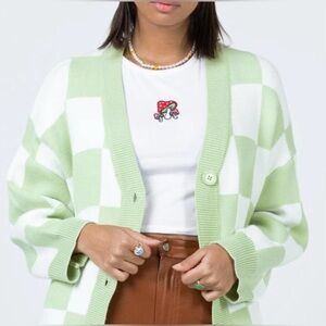 Princess Polly Women’s Green and White Checkered Knit Sweater Cardigan